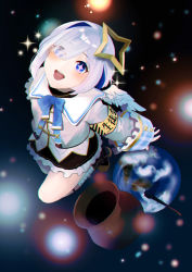 Rule 34 | + +, 1girl, :d, absurdres, amane kanata, angel wings, armband, bad id, bad pixiv id, black skirt, blue bow, blue eyes, blue hair, blue wings, blush, bob cut, bow, colored inner hair, commentary, dress, earth (planet), feathered wings, floating, frilled skirt, frills, full body, getting over it, gradient wings, hair ornament, hair over one eye, halo, hammer, highres, hololive, jacket, knee up, long sleeves, looking up, mini wings, multicolored hair, multicolored wings, muno, open mouth, parted bangs, plaid, plaid legwear, planet, pot, round teeth, sailor collar, short hair, shuriken, sidelocks, silver hair, single hair intake, skirt, sledgehammer, sleeves past wrists, smile, solo, space, star (sky), star halo, streaked hair, teeth, turtleneck, turtleneck dress, two-tone hair, upper teeth only, virtual youtuber, weapon, white frills, white jacket, white sailor collar, white wings, wide sleeves, wings