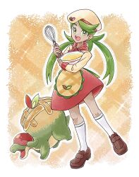 Rule 34 | 1girl, :d, absurdres, appletun, apron, bowl, brown footwear, commentary request, creatures (company), eyelashes, game freak, gen 8 pokemon, green eyes, green hair, hat, highres, holding, holding whisk, knees, long hair, mallow (palentine&#039;s 2023) (pokemon), mallow (pokemon), nintendo, nru puso, official alternate costume, open mouth, outline, pokemon, pokemon (creature), pokemon masters ex, red skirt, shirt, shoes, skirt, smile, socks, swept bangs, teeth, twintails, upper teeth only, waist apron, whisk, white socks, yellow shirt