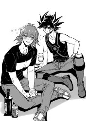 Rule 34 | 2boys, absurdres, alcohol, angry, beer, belt, black hair, blush, boots, bruno (yu-gi-oh!), crossed legs, cup, denim, drunk, facial mark, facial tattoo, fudou yuusei, greyscale, grin, hand on floor, hand on own leg, highres, holding, holding cup, jeans, knee boots, knee pads, male focus, marking on cheek, monochrome, multicolored hair, multiple boys, on floor, pants, shirt, shoes, short hair, sitting, smile, sneakers, spiked hair, squeans, streaked hair, t-shirt, tank top, tattoo, youko-shima, yu-gi-oh!, yu-gi-oh! 5d&#039;s