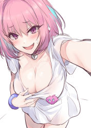 Rule 34 | 1girl, armpit peek, bangle, blue hair, blush, bracelet, breasts, cleavage, cleavage reach, collar tug, covered erect nipples, downblouse, earrings, fang, hair between eyes, hair intakes, hanging breasts, heart-shaped lock, heart on chest, highres, idolmaster, idolmaster cinderella girls, jewelry, kiyu rei, large breasts, leaning forward, legs together, multicolored hair, nervous smile, no bra, no pants, open mouth, outstretched arm, pill earrings, pink eyes, pink hair, pulled by self, shirt, short hair, short sleeves, sidelocks, simple background, sketch, smile, solo, standing, sweatdrop, t-shirt, tareme, tongue, two-tone hair, white shirt, yumemi riamu