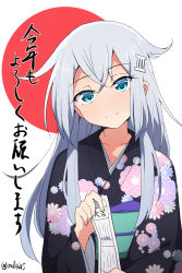 Rule 34 | 1girl, black kimono, blue eyes, collarbone, floral print, hair between eyes, hair ornament, happy new year, hibiki (kancolle), holding, holding paper, japanese clothes, kantai collection, kimono, long hair, nel-c, new year, obi, paper, sash, silver hair, smile, solo, twitter username
