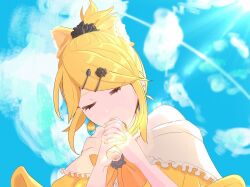 Rule 34 | 1girl, akame (akame0516), aku no musume (vocaloid), anniversary, bare shoulders, blonde hair, blue sky, bottle, bow, closed eyes, cloud, diffraction spikes, dress, dress bow, evillious nendaiki, from below, hair bow, hair ornament, hairclip, high ponytail, holding, holding bottle, interlocked fingers, kagamine rin, lens flare, message in a bottle, non-circular lens flare, off-shoulder dress, off shoulder, orange bow, own hands clasped, own hands together, regret message (vocaloid), riliane lucifen d&#039;autriche, sidelocks, sky, solo, swept bangs, updo, vocaloid, yellow bow, yellow dress, yellow nails