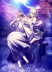 Rule 34 | 1girl, bare shoulders, barefoot, blonde hair, blue eyes, braid, cherry blossoms, hand fan, feet, field, folding fan, forest, genzoman, grass, japanese clothes, kimono, long hair, moon, nature, night, off shoulder, outdoors, petals, sitting, solo, tree, tree stump, twin braids