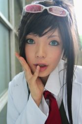 Rule 34 | 1girl, ace attorney, apollo justice ace attorney, asian, black hair, blue eyes, capcom, color contacts, cosplay, ema skye, ema skye (cosplay), eyewear on head, highres, lab coat, long hair, looking at viewer, namada, outdoors, photo (medium), solo, sunglasses, vest