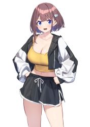Rule 34 | 1girl, absurdres, baffu, blue eyes, breasts, brown hair, cleavage, hair ornament, hairclip, hands on own hips, highres, hitoyo (baffu), jacket, large breasts, midriff peek, navel, open mouth, original, short hair, shorts, simple background, solo, white background