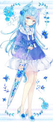 Rule 34 | 1girl, absurdres, animal ear fluff, animal ears, blue bow, blue dress, blue eyes, blue flower, blue footwear, blue hair, blue rose, blush, bow, braid, cat ears, cat girl, cat tail, closed mouth, commentary request, dress, flower, full body, hair flower, hair ornament, high heels, highres, holding, holding umbrella, huge filesize, long hair, long sleeves, looking at viewer, original, purple hair, rose, shoes, solo, standing, tail, tsukiyo (skymint), umbrella, very long hair, water, white flower