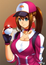 Rule 34 | 10s, 1girl, breasts, brown hair, female protagonist (pokemon go), jadenkaiba, large breasts, poke ball, pokemon, pokemon go, ponytail, smile, solo