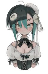 Rule 34 | 1girl, bibi-chan (ebimomo), black bow, black ribbon, bow, breasts, bright pupils, bun cover, cleavage, closed mouth, cropped torso, ebimomo, fang, fang out, green eyes, green hair, hair between eyes, hair bun, highres, looking at viewer, medium hair, neck ribbon, object through head, original, puffy short sleeves, puffy sleeves, ribbon, screw in head, short sleeves, simple background, single hair bun, smile, solo, stitched arm, stitched face, stitched neck, stitches, straight-on, upper body, white background