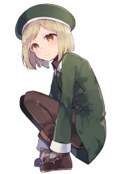 Rule 34 | 1girl, bad id, bad pixiv id, blonde hair, boots, breast pocket, brown footwear, brown pantyhose, closed mouth, coat, fate/grand order, fate (series), from side, green coat, green hat, hat, ikeuchi tanuma, light brown hair, long sleeves, looking at viewer, looking to the side, pantyhose, paul bunyan (fate), pocket, short hair, simple background, smile, solo, squatting, white background