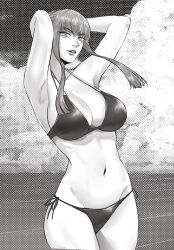 Rule 34 | 1girl, bikini, breasts, highres, large breasts, looking at viewer, manon legrand, monochrome, navel, solo, street fighter, street fighter 6, swimsuit