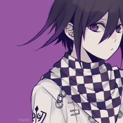 Rule 34 | 1boy, black hair, checkered clothes, checkered neckwear, checkered scarf, commentary request, danganronpa (series), danganronpa v3: killing harmony, hair between eyes, jacket, looking at viewer, male focus, multicolored hair, oma kokichi, purple background, purple eyes, purple hair, scarf, short hair, simple background, solo, straitjacket, two-tone hair, upper body, y0e0k