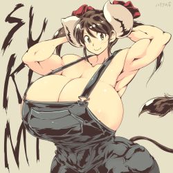 Rule 34 | 1girl, armpits, breasts, cleavage, cow girl, curvy, gigantic breasts, hataraki ari, horns, muscular, naked overalls, original, overalls, solo, standing, sukimi