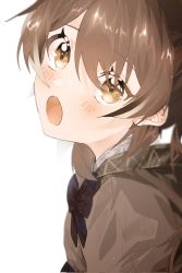 Rule 34 | 1girl, :o, ahoge, brown capelet, brown cloak, brown eyes, brown hair, capelet, cloak, hair ornament, hairclip, highres, hololive, hololive english, long hair, looking up, multicolored hair, nanashi mumei, ponytail, portrait, ribbon, sjsj2w, solo, streaked hair, very long hair, virtual youtuber