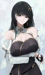 1girl absurdres arm_under_breasts baizhi_(wuthering_waves) bare_shoulders black_dress black_gloves black_hair breasts cleavage clisapex closed_mouth commentary detached_sleeves dress flower gloves green_eyes hair_flower hair_ornament highres large_breasts long_hair long_sleeves looking_at_viewer see-through_cleavage see-through_clothes sleeveless sleeveless_dress solo upper_body white_sleeves wuthering_waves