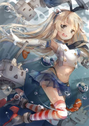 Rule 34 | 10s, 1girl, anchor, blonde hair, brown eyes, bubble, elbow gloves, fish, gloves, hairband, ivy1993, kantai collection, lifebuoy, long hair, navel, open mouth, outstretched arms, personification, rensouhou-chan, shimakaze (kancolle), skirt, solo, striped clothes, striped thighhighs, swim ring, thighhighs, underwater, white gloves