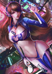 Rule 34 | 1girl, absurdres, acronym, adapted costume, animal print, backlighting, between breasts, bikini, bikini bottom only, blue bikini, breasts, brown eyes, brown hair, candy, candy bar, car, chromatic aberration, city, cleavage, clothes writing, cowboy shot, crop top, cropped jacket, d.va (overwatch), dutch angle, facepaint, facial mark, food, headphones, highres, holding, holding food, large breasts, lipstick, long hair, long sleeves, looking at viewer, makeup, midriff, motor vehicle, nail polish, navel, night, omegarer, outdoors, overwatch, overwatch 1, pink nails, rabbit print, race queen, red lips, solo, strapless, swept bangs, swimsuit, thighhighs, tube top, whisker markings