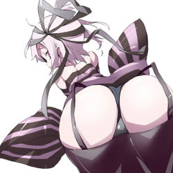 Rule 34 | 1boy, ass, bent over, crossdressing, folo, from behind, hama chon, light purple hair, looking back, male focus, million knights vermilion, panties, pink eyes, ribbon, shirt, short hair, solo, striped clothes, striped shirt, thighhighs, trap, underwear