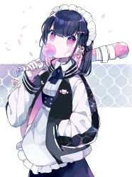 Rule 34 | + +, 1girl, absurdres, apron, bandages, baseball bat, black hair, black jacket, black skirt, blush, bracelet, blowing bubbles, chewing gum, chon (chon33v), collared shirt, commentary request, ear piercing, earrings, grey nails, hand in pocket, highres, holding, holding baseball bat, jacket, jewelry, long sleeves, looking at viewer, maid, maid headdress, multicolored nails, nail polish, open clothes, open jacket, original, petals, piercing, pink nails, red eyes, shirt, skirt, solo, spiked bracelet, spikes, sukajan, waist apron, white apron, white shirt