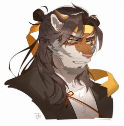 Rule 34 | arknights, furrowed brow, furry, furry male, hachi duchi, headband, highres, huai tianpei (arknights), kanji, long hair, looking at viewer, male focus, signature, simple background, tiger boy, white background, yellow eyes, yellow headband