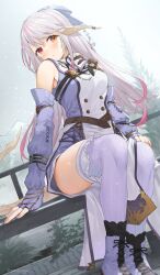 Rule 34 | 1girl, absurdres, au ra, aura (wild arms), bare shoulders, blue gloves, blush, breasts, closed mouth, conifer, elbow gloves, final fantasy, final fantasy xiv, fingerless gloves, gloves, grey hair, heterochromia, highres, horns, large breasts, looking at viewer, multicolored hair, orange eyes, purple hair, purple thighhighs, red eyes, sitting, solo, streaked hair, striped clothes, striped thighhighs, thighhighs, thighs, vertical-striped clothes, vertical-striped thighhighs, warrior of light (ff14), yana mori