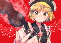 Rule 34 | 1girl, black hat, black vest, blonde hair, closed mouth, hat, instrument, itomugi-kun, long sleeves, looking at viewer, lunasa prismriver, red background, shirt, short hair, solo, touhou, upper body, vest, violin, white shirt, yellow eyes
