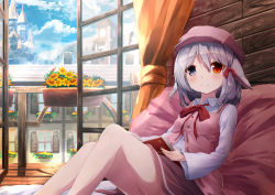 Rule 34 | 1girl, animal ears, aqueduct, bad id, bad pixiv id, balcony, banister, blush, book, book on lap, bow, buttons, chinomaron, clock, clock tower, cloud, cloudy sky, collared shirt, commentary request, curtains, day, door, eyebrows, flat cap, flower, flower pot, grey eyes, grey hair, hair between eyes, hair bow, hat, heterochromia, hexagram, highres, hiiro (kagayan1096), holding, holding book, indoors, knees up, long sleeves, looking at viewer, neck ribbon, open book, open door, orange eyes, original, pink hat, plant, potted plant, rabbit ears, red bow, red ribbon, ribbon, running bond, shirt, short hair, sitting, sky, sleeveless, smile, solo, spire, tower, viaduct, white shirt, wide sleeves, window, window shutter, wooden floor, wooden wall, yellow flower