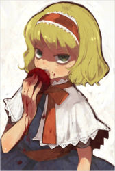 Rule 34 | 1girl, alice margatroid, apple, bad id, blonde hair, blood, blue dress, capelet, domotolain, dress, eating, female focus, food, fruit, green eyes, guro, hairband, heart, looking at viewer, shaded face, short hair, simple background, solo, touhou, white background