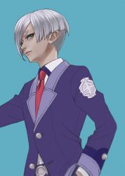 Rule 34 | 1boy, asymmetrical hair, belt, blazer, blue background, blue eyes, blurry, character request, collared shirt, danball senki wars, dark-skinned male, dark skin, depth of field, emblem, eyelashes, from below, from side, grey hair, hand in pocket, jacket, light smile, lips, long sleeves, male focus, murasaki (fioletovyy), necktie, outstretched arm, partially unbuttoned, red necktie, shirt, short hair, simple background, solo, undercut