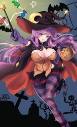 Rule 34 | 1girl, absurdres, alternate costume, breasts, crescent, crescent hat ornament, crescent pin, halloween, hat, hat ornament, highres, large breasts, namiki (remiter00), patchouli knowledge, purple eyes, purple hair, solo, touhou, witch, witch hat