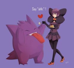 Rule 34 | 1girl, cake, creatures (company), elite four, food, game freak, gen 1 pokemon, gengar, heart, nintendo, pokemon, pokemon (creature), shauntal (pokemon), simple background, tongue