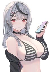 Rule 34 | 1girl, bare shoulders, bikini, black bikini, black choker, black jacket, braid, breasts, cellphone, choker, cleavage, closed mouth, enumiyaa, grey hair, hair ornament, hairclip, halterneck, hand up, highres, holding, holding phone, hololive, jacket, large breasts, long hair, long sleeves, looking at viewer, multicolored hair, navel, off shoulder, open clothes, open jacket, phone, red eyes, sakamata chloe, simple background, smartphone, smile, solo, stomach, streaked hair, string bikini, striped bikini, striped clothes, swimsuit, upper body, virtual youtuber, white background, x hair ornament