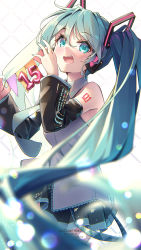 Rule 34 | 1girl, bare shoulders, black skirt, black sleeves, blurry, blurry foreground, blush, collared shirt, commentary request, depth of field, detached sleeves, green eyes, green hair, green necktie, grey shirt, hatsune miku, headphones, highres, kuro-kun (nablack), long hair, long sleeves, looking at viewer, necktie, open mouth, pleated skirt, shirt, skirt, sleeveless, sleeveless shirt, solo, twintails, very long hair, vocaloid, wavy mouth, white background, wide sleeves