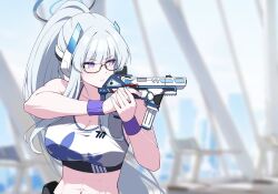 1girl abs aiming alternate_costume alternate_hairstyle bare_shoulders black-framed_eyewear blue_archive blue_wristband blurry blurry_background breasts cleavage closed_mouth commentary_request cosplay gun halo handgun headgear highres holding holding_gun holding_weapon large_breasts long_hair midriff muscular muscular_female navel noa_(blue_archive) ponytail purple_eyes reia_76 semi-rimless_eyewear sig_sauer_p320 solo sports_bra sumire_(blue_archive) sumire_(blue_archive)_(cosplay) upper_body very_long_hair weapon white_hair white_halo white_sports_bra