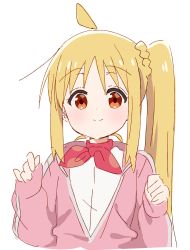 Rule 34 | 1girl, ahoge, blonde hair, bocchi the rock!, borrowed clothes, braid, closed mouth, cropped torso, hands up, highres, ijichi nijika, jacket, long hair, long sleeves, looking at viewer, meito (maze), open clothes, open jacket, pinching sleeves, pink jacket, red eyes, side ponytail, simple background, sleeves past wrists, smile, solo, track jacket, upper body, white background