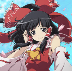 Rule 34 | 1girl, anime coloring, armpits, black hair, blue sky, bow, day, detached sleeves, dress, female focus, grey eyes, hair bow, hair tubes, hakurei reimu, hand in own hair, japanese clothes, lunamoon, miko, petals, ponytail, red dress, sky, smile, solo, the memories of phantasm, touhou, wind