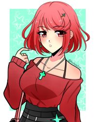 1girl asukaaasuu bag breasts collarbone earrings female_focus hair_ornament handbag highres jewelry large_breasts matching_hair/eyes necklace nintendo pyra_(xenoblade) red_eyes red_hair solo twitter_username xenoblade_chronicles_(series) xenoblade_chronicles_2