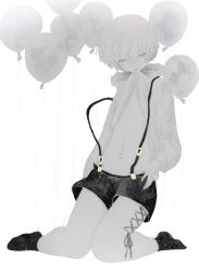 Rule 34 | ambiguous gender, balloon, black shorts, black socks, clothes lift, cross-laced clothes, closed eyes, greyscale, highres, monochrome, mouth hold, navel, original, shirt, shirt lift, shorts, simple background, socks, solo, suspenders, tembin 3, white background, white shirt