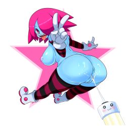Rule 34 | 1girl, :3, :p, anus, ass, bad id, bad tumblr id, blue skin, blush stickers, breasts, cleft of venus, colored skin, detached sleeves, fat mons, gloves, hair over one eye, inverted nipples, large breasts, m/, mato spectoru, nipples, no panties, nude, original, pink eyes, pink hair, plump, pussy, sharp teeth, solo, striped clothes, striped sleeves, striped thighhighs, suggestive fluid, syringe, teeth, thighhighs, tongue, tongue out, uncensored, v, viri bloodsquirt, white gloves