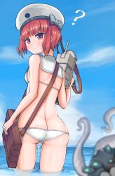 Rule 34 | 10s, 1girl, ?, ass, bag, bare arms, bare back, bare shoulders, beret, bikini, blue sky, blush, bow, breasts, butt crack, character name, clothes writing, cloud, day, enemy naval mine (kancolle), from behind, hat, hat bow, hat ornament, highres, holding, holding weapon, horizon, kantai collection, looking back, machinery, monster, outdoors, over shoulder, red eyes, red hair, sailor bikini, sailor collar, short hair, sky, small breasts, smiley face, striped, striped bow, swimsuit, tentacles, tiemu (man190), wading, water, water drop, weapon, wet, white bikini, white hat, z3 max schultz (kancolle)