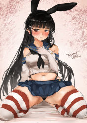Rule 34 | 1girl, animal ears, bad id, bad twitter id, black hairband, black panties, blue sailor collar, blue skirt, brown eyes, commentary request, cosplay, crop top, dated, elbow gloves, fake animal ears, gloves, hair ornament, hairband, hairclip, highleg, highleg panties, kantai collection, kneeling, long hair, looking to the side, microskirt, miniskirt, myoukou (kancolle), navel, one-hour drawing challenge, panties, pleated skirt, rabbit ears, sailor collar, shimakaze (kancolle), shimakaze (kancolle) (cosplay), sideways glance, signature, skirt, solo, striped clothes, striped thighhighs, thighhighs, toka (marchlizard), underwear, white gloves