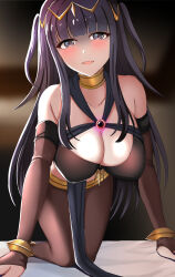 Rule 34 | 1girl, bare shoulders, black hair, blush, bodysuit, breasts, cleavage, fire emblem, fire emblem awakening, goma tarata, highres, large breasts, long hair, looking at viewer, nintendo, on bed, pov, tharja (fire emblem), twintails