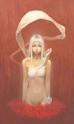 Rule 34 | 1girl, albino, arms at sides, closed eyes, covering privates, elysion, flower, hidari (left side), lafrenze, naked ribbon, nude cover, red background, ribbon, solo, sound horizon, spider lily, white hair
