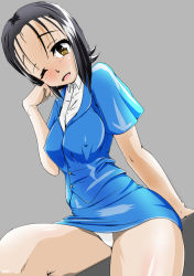 Rule 34 | 1girl, absurdres, agent aika, aika (series), artist request, black hair, blue delmo, blue jacket, blue skirt, breasts, brown eyes, closed mouth, commentary, crotch seam, delmo, highres, jacket, panties, skirt, underwear, waitress delmo, white panties