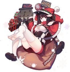 Rule 34 | 1girl, :d, alternate costume, animal ears, azur lane, bare shoulders, black hair, capelet, cat ears, christmas, fang, feet, full body, gift, hood, hood up, loafers, long sleeves, machinery, official art, open mouth, panties, pantyshot, rain lan, red capelet, red eyes, sack, santa costume, shirt, shoes, short hair, single shoe, sitting, smile, snow, snowflakes, solo, thighhighs, toes, tongue, transparent background, underwear, white panties, white shirt, white thighhighs, yamashiro (azur lane), yamashiro (holiday offensive) (azur lane), zipper, zipper pull tab