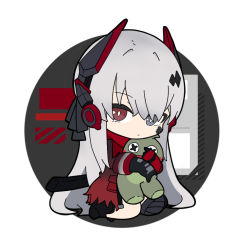 Rule 34 | 1girl, black footwear, black gloves, boots, chibi, closed mouth, commentary request, dress, full body, gloves, grey eyes, grey hair, hair between eyes, headgear, heterochromia, long hair, long sleeves, lucia: crimson abyss (punishing: gray raven), nyaru (nyaru 4126), hugging object, punishing: gray raven, red dress, red eyes, round image, solo, stuffed toy, torn clothes, very long hair, white background
