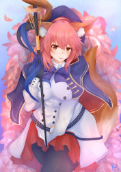 Rule 34 | absurdres, animal ear fluff, animal ears, artoria caster (fate), artoria caster (fate) (cosplay), artoria caster (second ascension) (fate), artoria pendragon (fate), belt, blue belt, blue cape, blue capelet, blue headwear, breasts, cape, capelet, cosplay, fate/grand order, fate (series), fox ears, fox girl, fox tail, hair between eyes, highres, holding, holding staff, large breasts, multicolored capelet, multicolored clothes, o-ring, o-ring belt, pink hair, rexeig, solo, staff, striped belt, tail, tamamo (fate), tamamo no mae (fate/extra), tongue, yellow eyes
