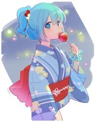 Rule 34 | 1girl, artist name, bad id, bad twitter id, blue eyes, blue hair, blush, candy apple, eyebrows, fingernails, floral print, food, from side, hair bobbles, hair ornament, holding, japanese clothes, kawashiro nitori, kimono, long sleeves, looking at viewer, matching hair/eyes, obi, sash, scrunchie, short hair, sidelocks, solo, striped clothes, striped scrunchie, tori (otori), touhou, two side up, upper body, wide sleeves, wrist cuffs, wrist scrunchie, yukata