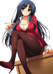 Rule 34 | 1girl, absurdres, blue hair, breasts, brown eyes, business suit, cleavage, crossed legs, female focus, formal, high heels, highres, large breasts, long hair, pantyhose, pointer, simple background, smile, solo, suit, teacher, tomose shunsaku, white background