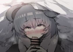 Rule 34 | 1boy, 1girl, animal ears, bar censor, blush, censored, fellatio, gomeifuku, grey hair, highres, looking at viewer, mouse ears, mouse girl, nazrin, nude, oral, penis, red eyes, short hair, solo focus, sweat, touhou, under covers