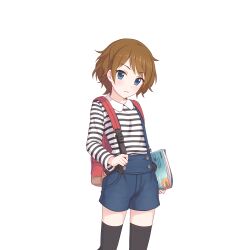Rule 34 | backpack, bag, black thighhighs, blue eyes, blue shorts, book, brown hair, holding, holding book, looking at viewer, official art, princess connect!, shirt, shorts, striped clothes, striped shirt, tachi-e, thighhighs, transparent background, yori (princess connect!), yori (real) (princess connect!)